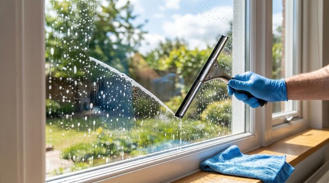 Hand using squeegee to clean glass window from interior