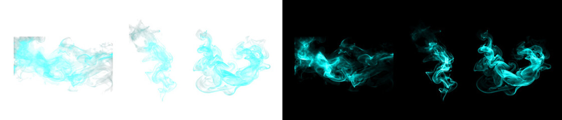 Fototapeta premium Cyan smoke isolated on transparent and black background for art design.