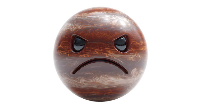 Brown dwarf planet emoji with angry face and cloudy weather patterns in space