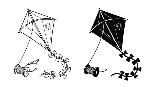 Black and white kites with spools and bows