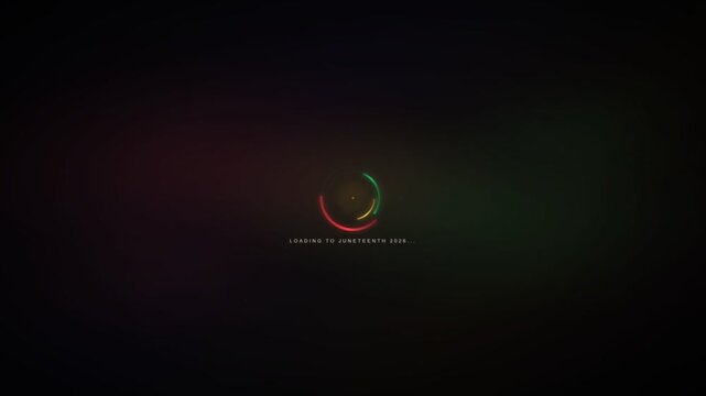 Loading animation towards Juneteenth, June 19, 2026. A colorful crescent shape glows brightly in darkness with vibrant green and red lights.