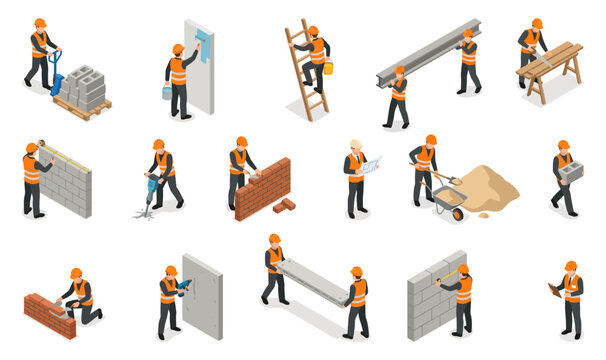 Isometric construction workers building infrastructure on site | Professional laborers performing various industrial tasks | 3D vector character collection