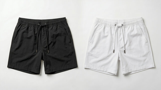 Modern drawstring shorts mockup in black and white, featuring an elastic waistband and premium fabric texture. Perfect for showcasing summer, athletic, or casual apparel designs.
