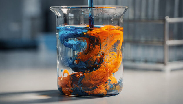 Abstract chemical reaction in a laboratory beaker, vibrant blue and orange liquids diffuse in water creating intriguing patterns, science and innovation concept