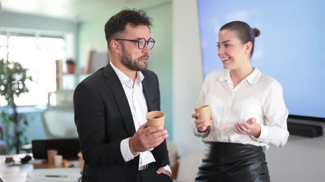Two office workers drink coffee and chat during a work break. High quality 4k footage
