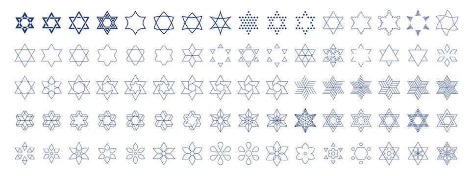Huge set of six-pointed Jewish stars of Magen David of various shapes in line style vector illustration