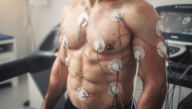 Muscular male athlete undergoes cardiac stress test with electrodes attached to torso in a medical setting, focus on health, fitness, and heart monitoring