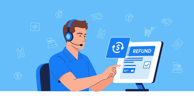 Customer service representative processing online refund with computer and headset