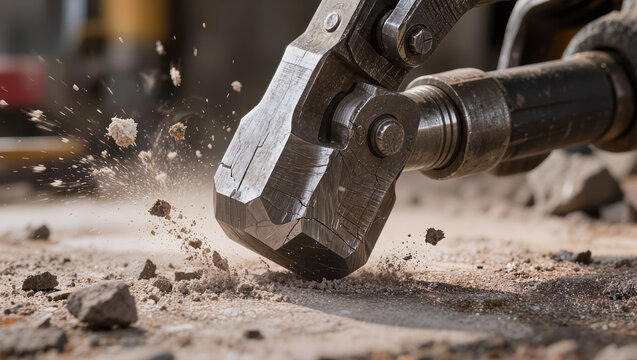 Macro shot of a hydraulic breaker hammer head crushing a concrete surface with flying debris and dust. Concept of construction demolition, road repair, and heavy industrial work