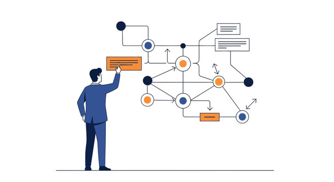 Business Man Navigates Complex Process Flow Diagram