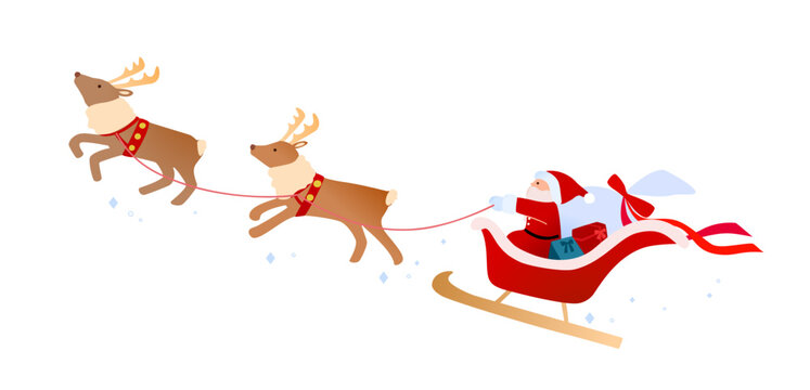 Weihnachtsmann auf einem Schlitten mit Rentieren und Geschenken, fliegend, isoliert