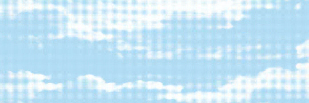 Halftone cloud background. White dotted clouds in blue sky. Comic pop art heaven wallpaper for banner, collage, poster, leaflet, brochure. Rasterized smoke, smog or fog texture. Vector illustration