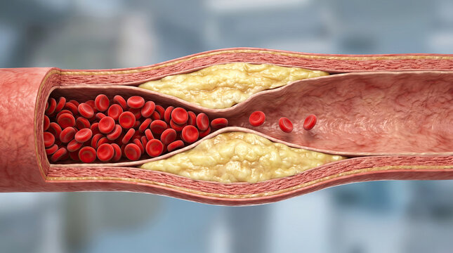 Blocked blood vessel artery poor circulation risks heart health concept. Illustration of blood flow and artery health with cholesterol buildup.