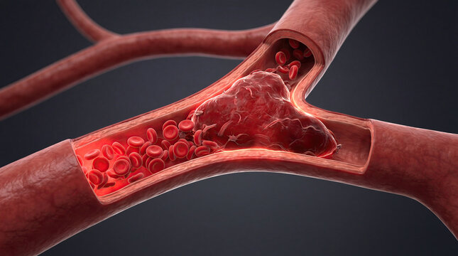 Blood clot thrombus blocking red blood cells stream artery concept. Illustration of blood flow blockage in a human artery.