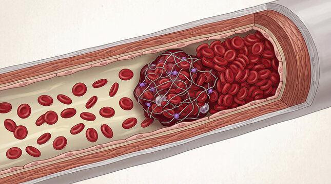 Blood clot thrombus blocking red blood cells stream artery concept. Illustration of blood flow within a human blood vessel.