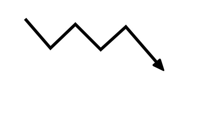 Stock market crash animation with black declining arrow on blue background , with video animation.