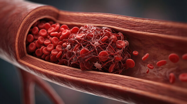 Blood clot thrombus blocking red blood cells stream artery concept. Illustration of blood vessels and clot formation within arteries.