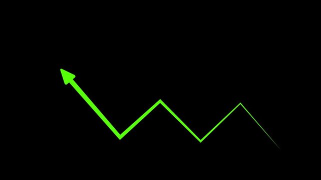 Green rising zigzag arrow on black background showing stock market recovery, with video animation.