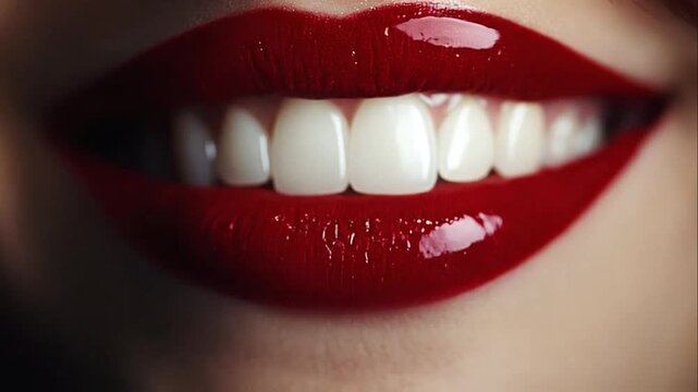 Extreme close up of full female lips wearing shiny red lipstick and showing white teeth