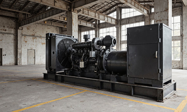 Industrial generator factory featuring a large black engine inside an empty abandoned warehouse with distressed concrete walls and yellow markings