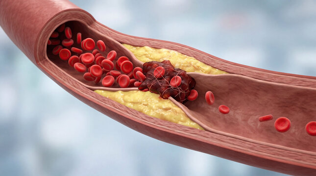 Blocked blood vessel artery poor circulation risks heart health concept. Illustration of clogged artery with fatty deposits and red blood cells.