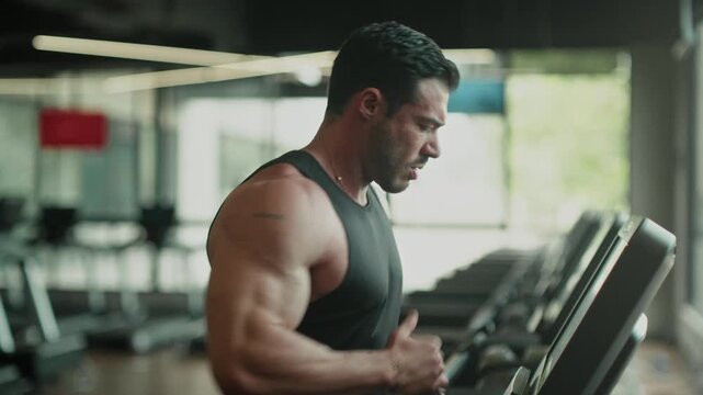 Muscular man maintaining fitness on a treadmill in a modern gym, showcasing determination and healthy lifestyle through focused exercise and powerful physique.