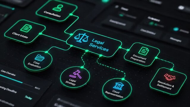 Digital legal services flowchart with glowing icons representing consultation document preparation and court representation