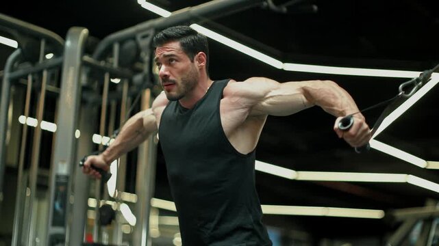 Muscular man performing cable crossover exercise in gym focusing on chest workout with intense effort and determination.