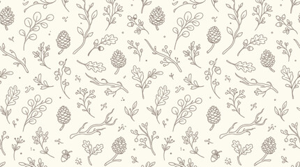 Seamless pattern of hand-drawn botanical elements including oak leaves, acorns, pinecones, and branches on a light cream background. © Bara