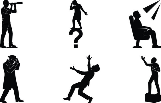 Acting silhouette set featuring question mark figure soapbox performer dramatic fall spyglass hat movie theater seat collection.