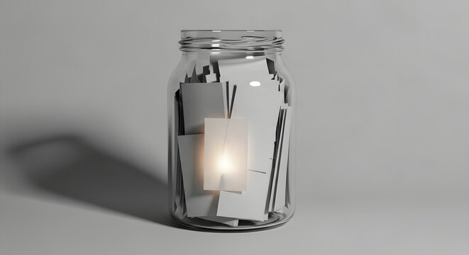 Glass jar with paper notes, glowing light in a jar, memory collection concept