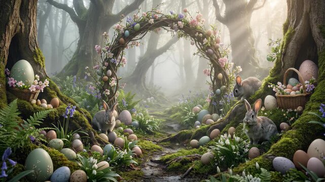 Enchanted Easter Forest Scene with Eggs and Bunnies.