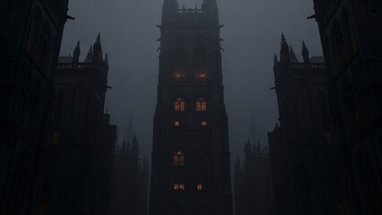 Obraz premium Eerie Gothic Cathedral Tower Shrouded in Thick Fog at Night with Glowing Windows, Dark Cinematic Fantasy Architecture, AI Generated Illustration