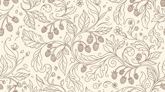 Seamless vintage botanical pattern with strawberries and leaves in a delicate line art style.