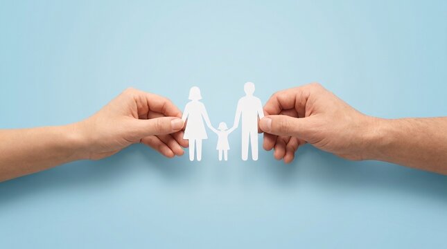 Family support concept with paper figures held together by human hands representing protection and unity