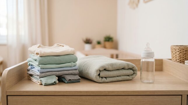 Baby clothes and bottle arranged on wooden changing table in nursery