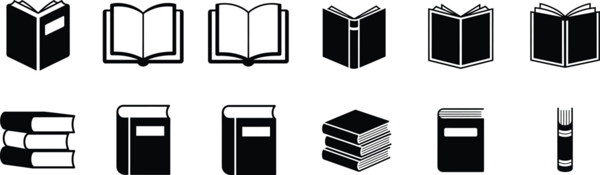 Variety of book illustrations showing different types of books in open and closed positions.