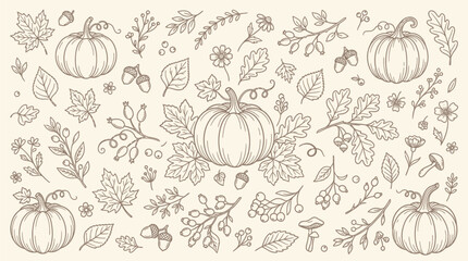 Hand-drawn autumn pattern with pumpkins, leaves, acorns, and berries on a beige background. © Bara