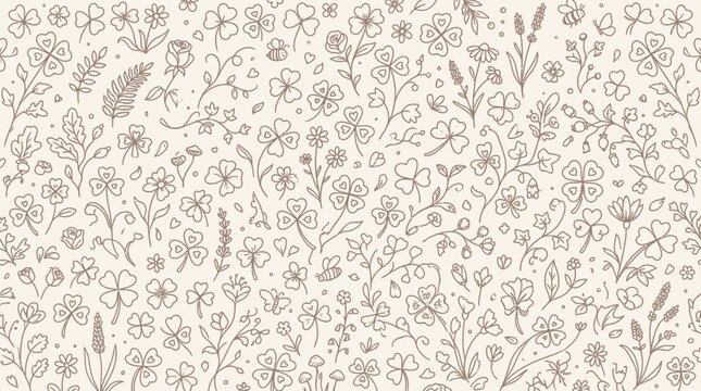 Delicate hand-drawn floral pattern with small flowers and clover leaves on a beige background.