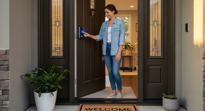 Une femme &agrave; la porte utilise la technologie de la maison connect&eacute;e pour un acc&egrave;s s&eacute;curitaire
