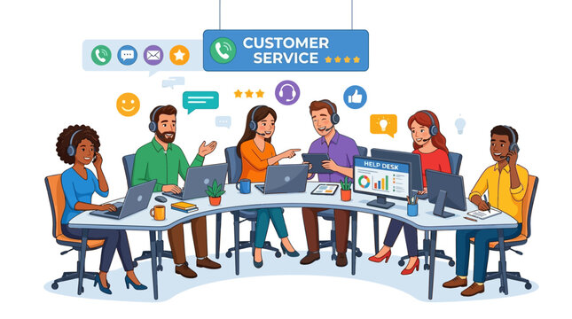 Vector illustration of a diverse customer support team with headsets working collaboratively in a modern office setting with friendly expressions, in a flat cartoon style with clean lines