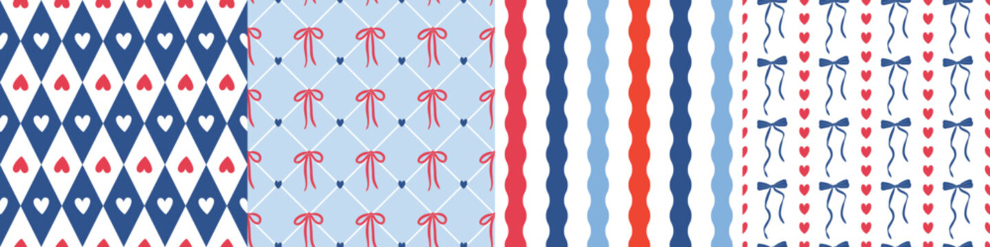 Americana inspired patterns with bows, hearts, harlequin diamonds, wavy stripes in red and blue colors. Cute vintage style textile designs for wallpaper, wrapping paper, fabric, stationery, home decor