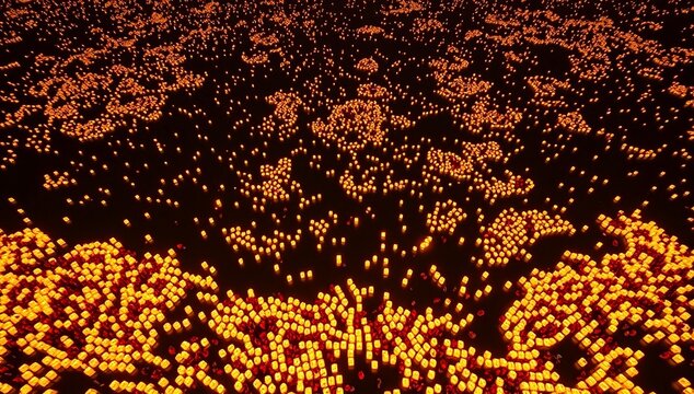 Aerial View Of A Vibrant Collection Of Floating Orange Geometric Objects Arranged In A Circular Pattern