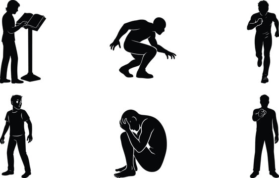 Expressive Acting Silhouette Set &ndash; Crying Despair, Over-the-Shoulder Look, Crouching Pose, Pointing, Reading Giant Book and Running Action.