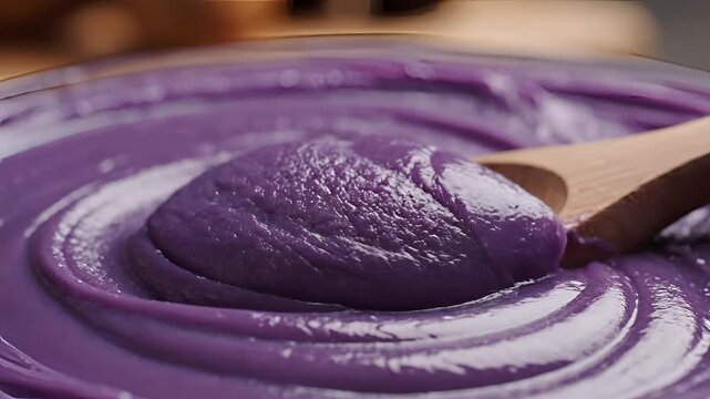 Close up of creamy purple ube halaya being stirred with a wooden spoon.