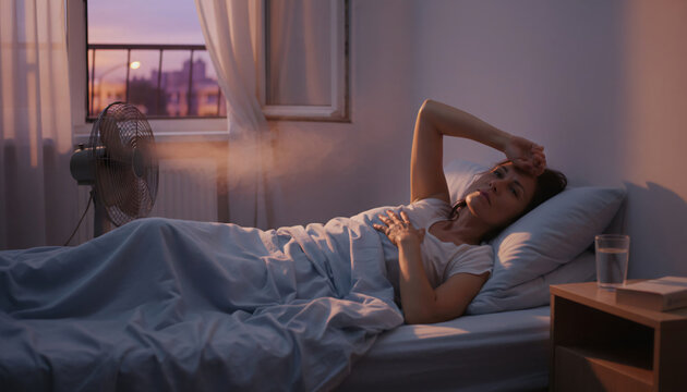 Menopause Summer Wellness Concept With Sleepless Mature Woman During Hot Night Heat in Minimal Urban Bedroom