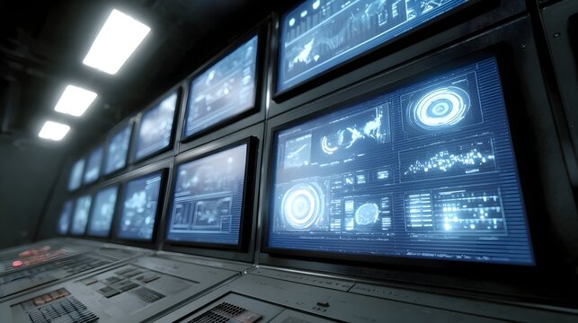 A futuristic command center environment featuring glowing digital screens displaying complex ope nal data and real time metrics
