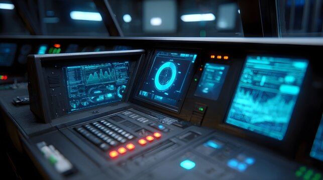 Close up view of a futuristic command console with multiple glowing digital screens displaying complex ope nal data and readouts