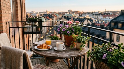Obraz premium Outdoor table set with breakfast on balcony overlooking city