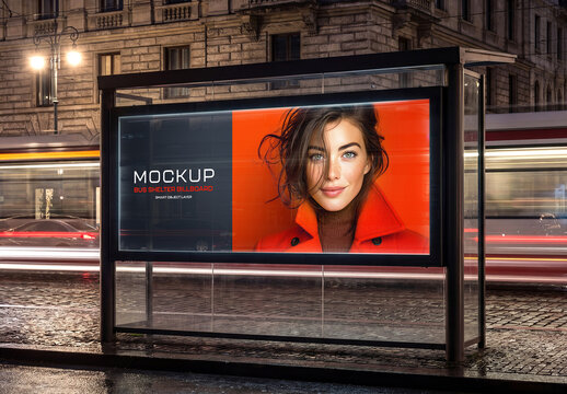Large Horizontal Billboard Bus Shelter In City at Night Mockup